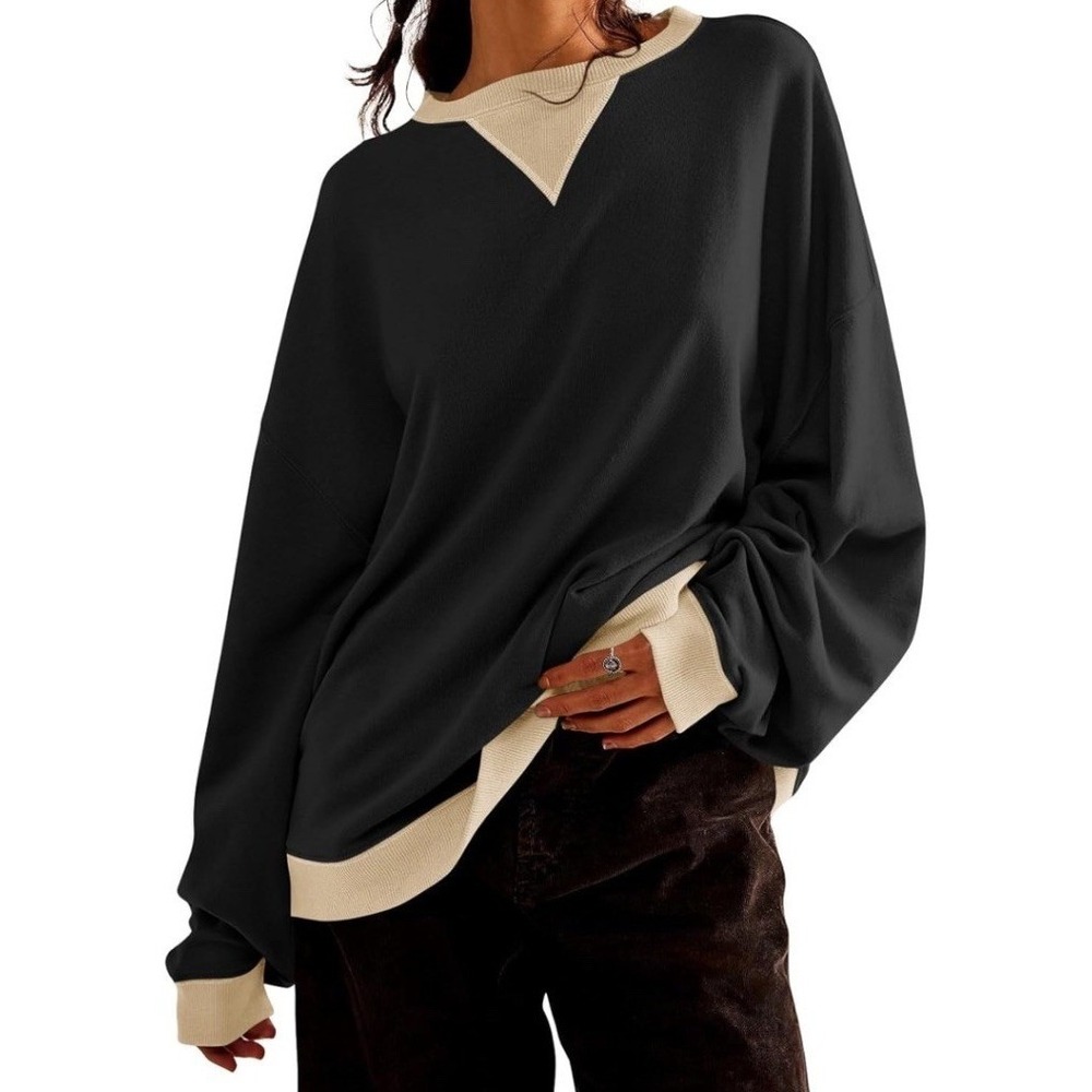 Fisoew Color Block Sweatshirt Women Medium Black Tan NWT Oversize C1057